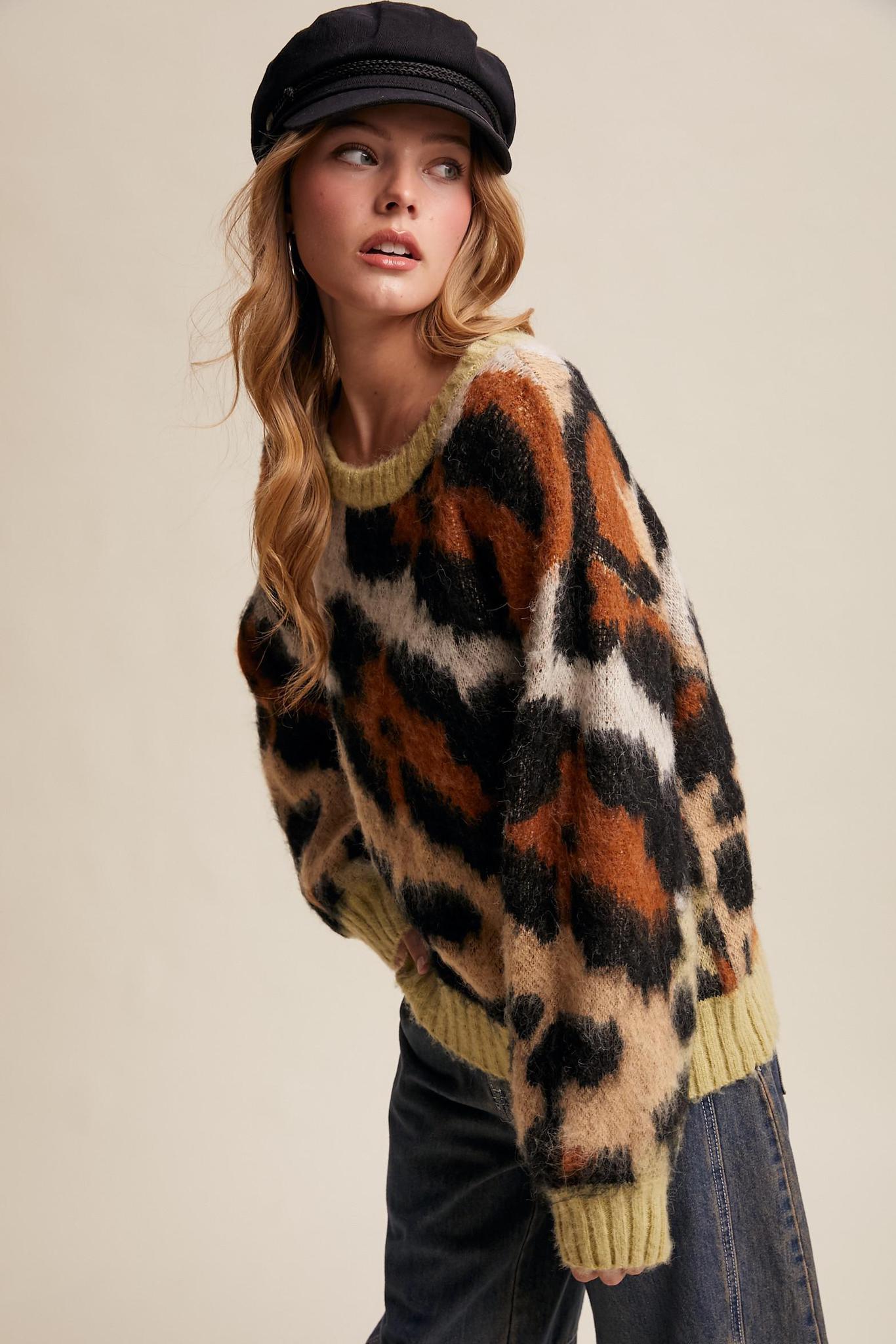 Fuzzy Abstract Leopard Knit Pullover Sweater