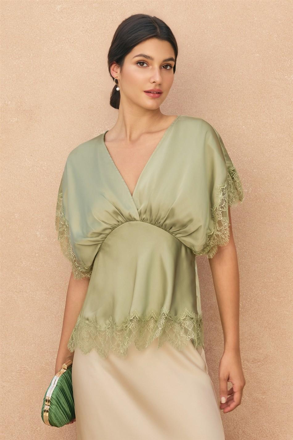 Dull Satin Lace Blouson Top - Sage