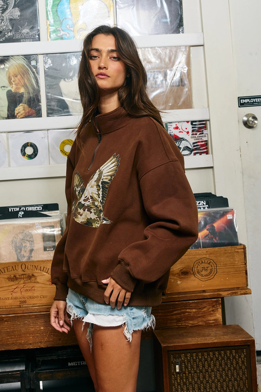 Camel Camo Flying Mallard Print Half-Zip Sweatshirt