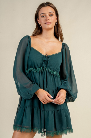 Romantic Tiered Mini Dress - Deep Jade