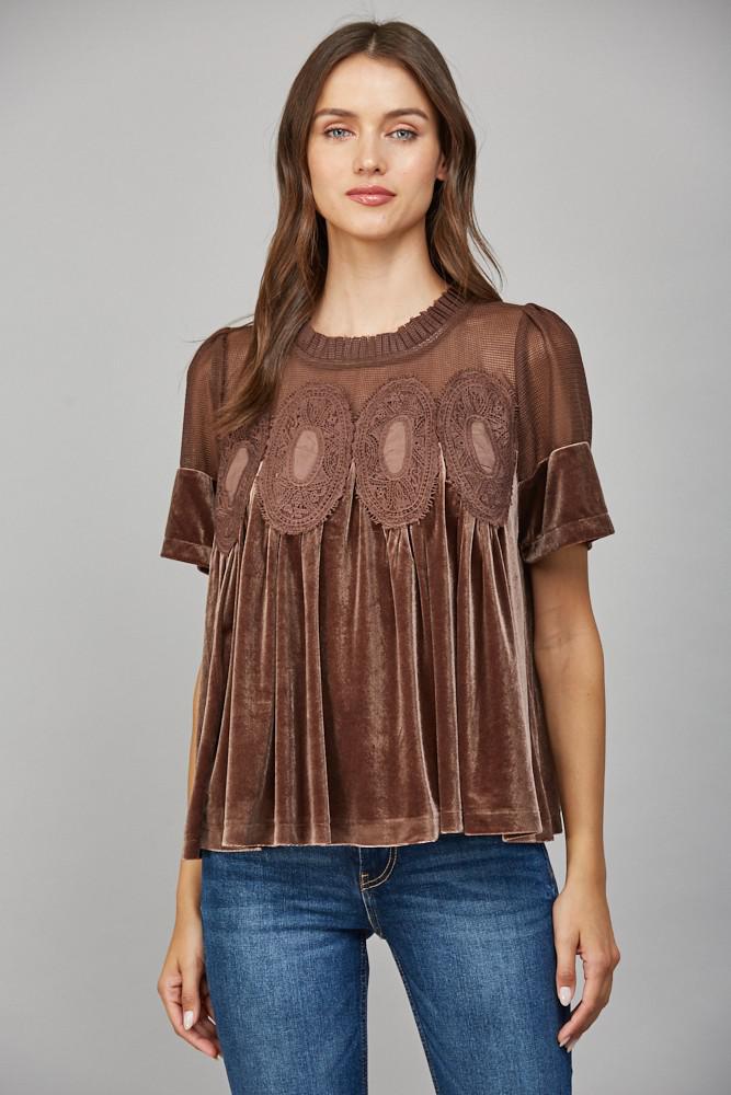 Lace Detail Velvet Babydoll Top