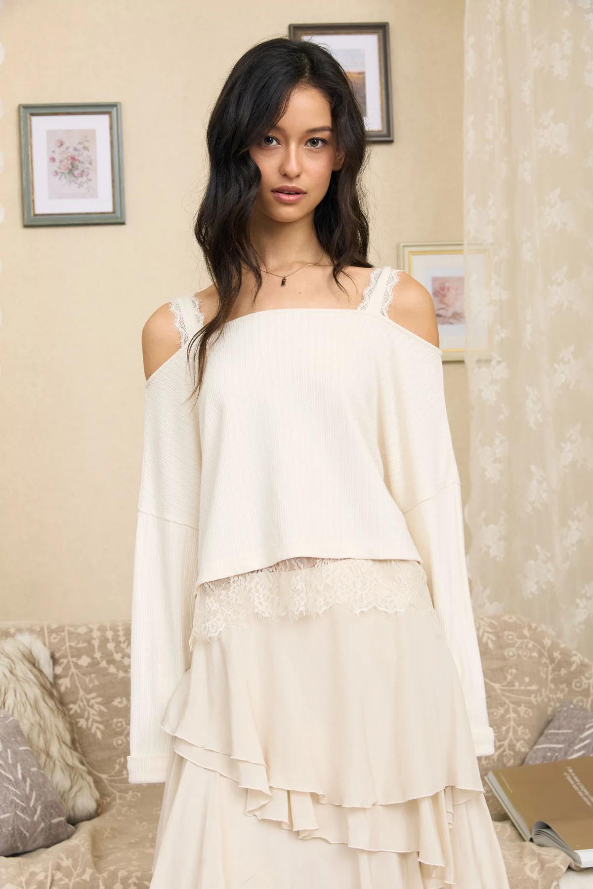OFF-SHOULDER LAYERED LACE LONG SLEEVE KNIT TOP