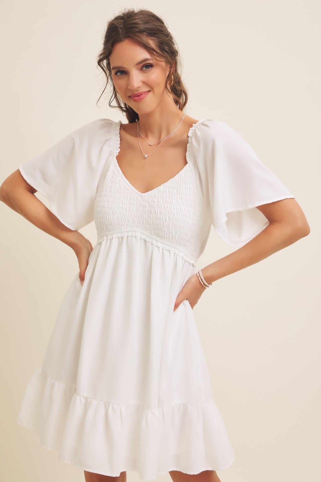 White Lovely Flare Smocked Mini Dress
