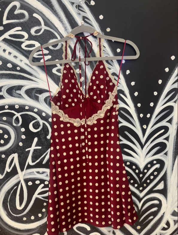 Wine Red Polka Dot Mini dress with Lace