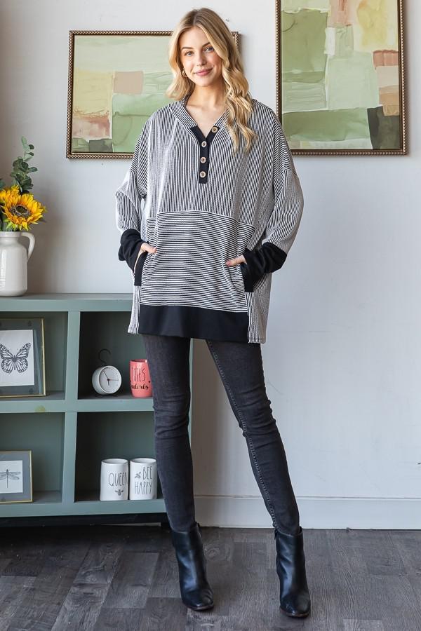 Long Sleeve Stripe Solid Contrast Hoodie