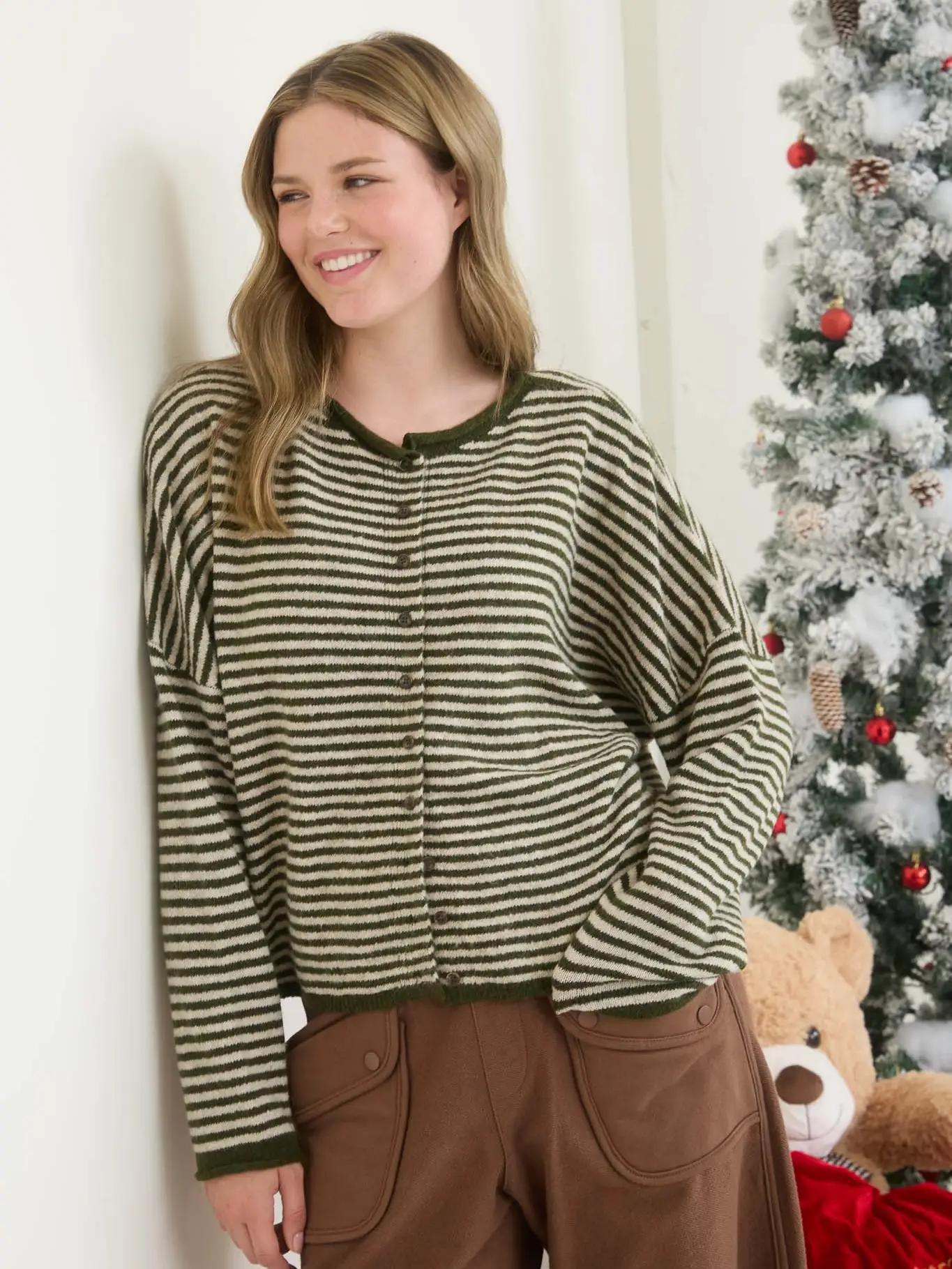 Stripe Raw Edge Drop Shoulder Knit Cardigan