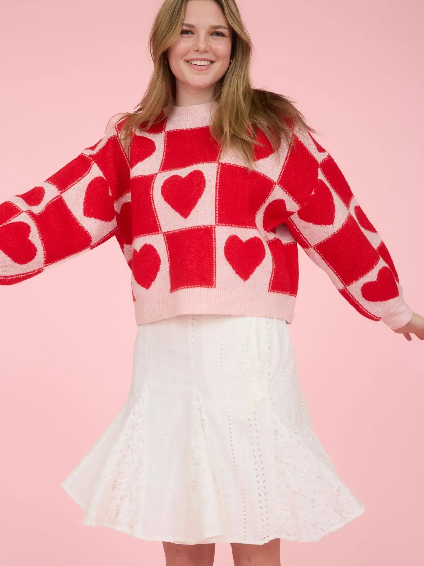 Red Heart Checkered Pattern Crew Neck Knit Sweater