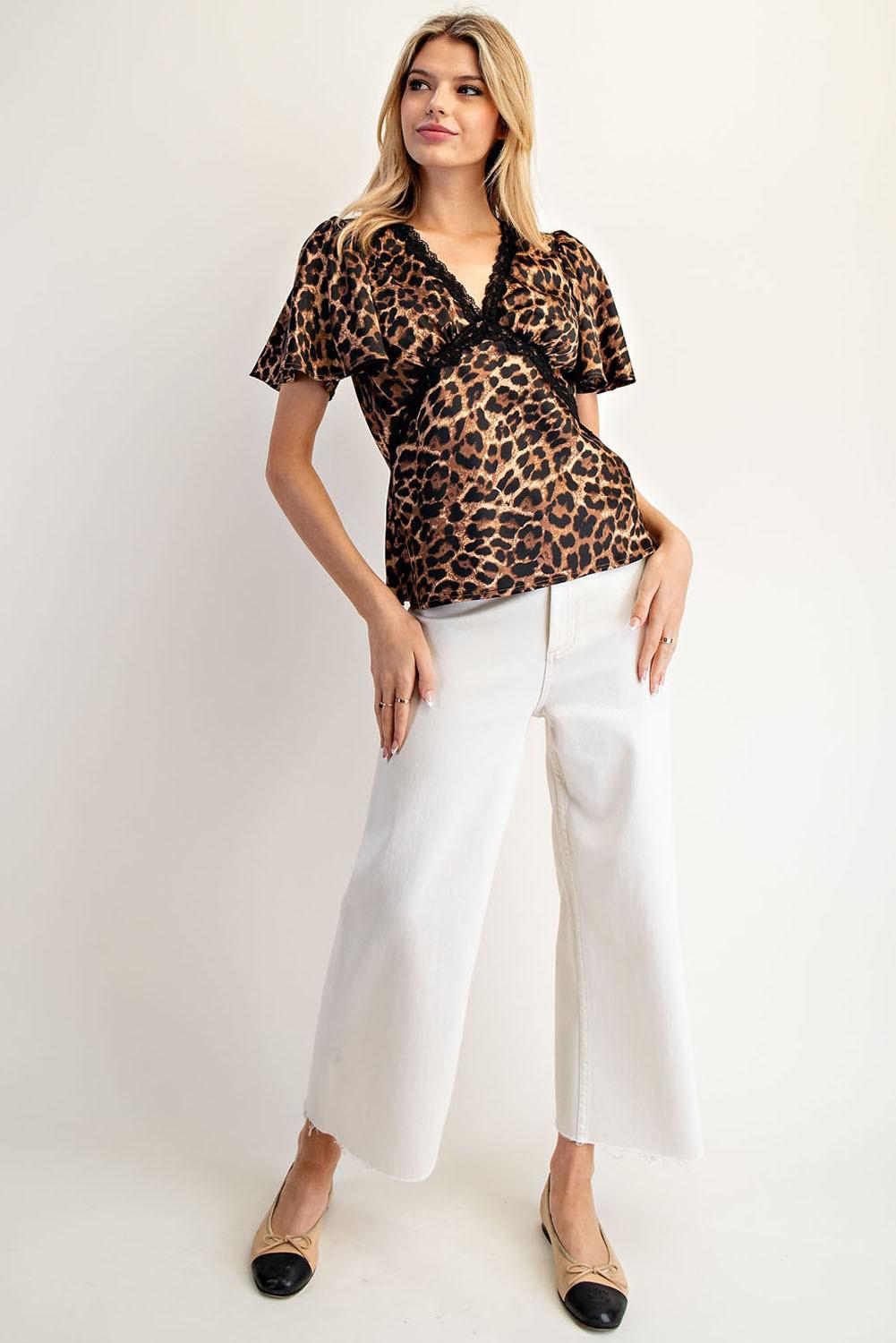 Leopard V-neck Flutter Sleeve Top