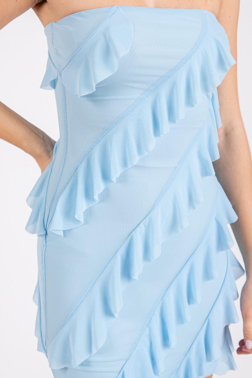 Baby Blue Ruffle Strapless Tube Mini Dress
