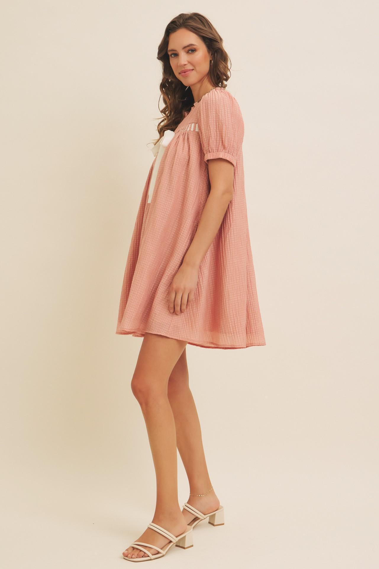 Textured Babydoll Mini Dress With Front Bow