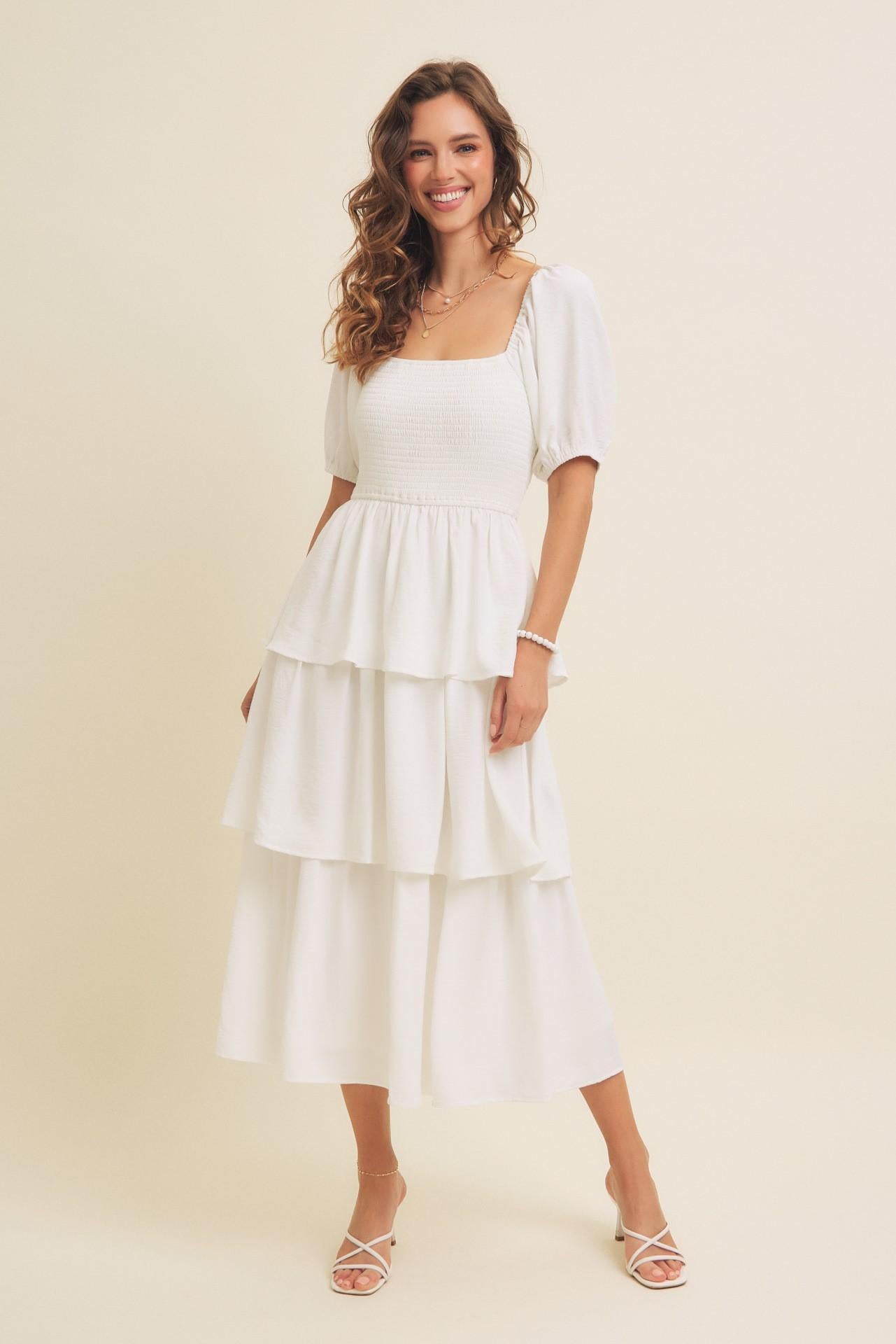 Square Neck Smocked Tiered Ruffles Midi Dress