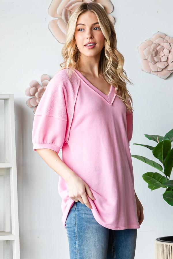 Blush Short Sleeve V Neck Solid Top