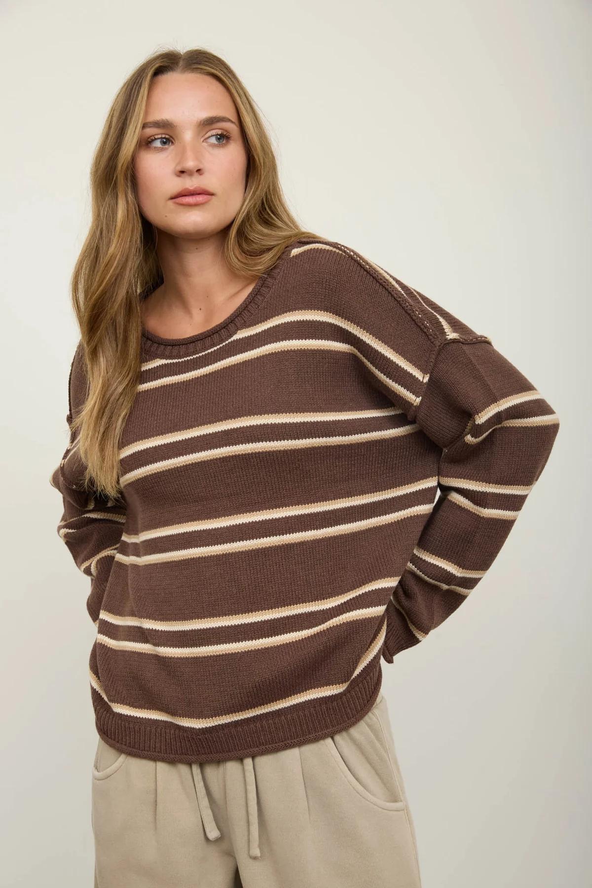 BROWN MULTI EXPOSED SEAM STRIPED ROUND NECK PULLOVER