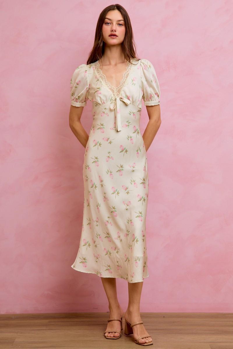 Floral Satin Print Lace Trim Midi Dress
