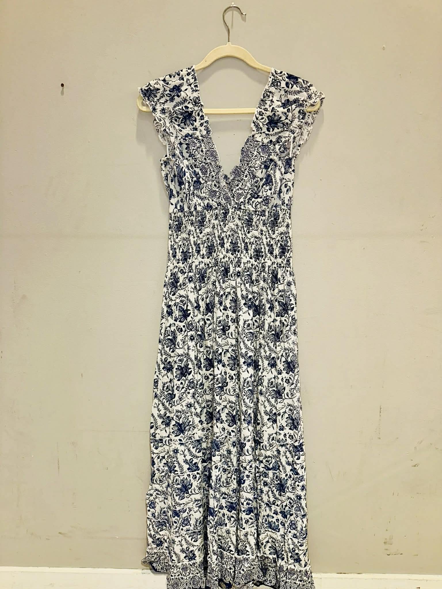 White & Blue Maxi Floral V-Neck Dress