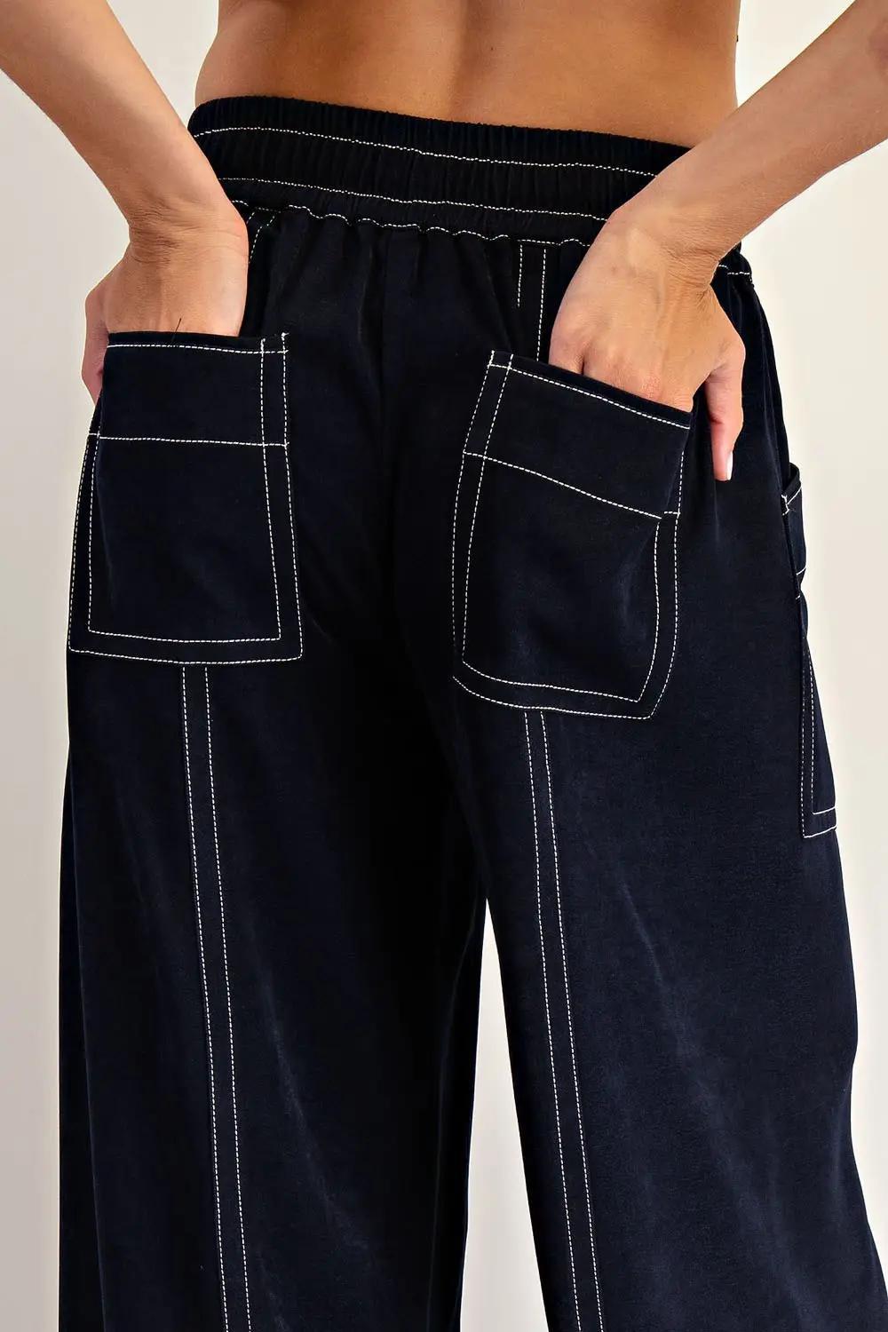 Soft Washed Contrast Stitch Wide Leg Pants