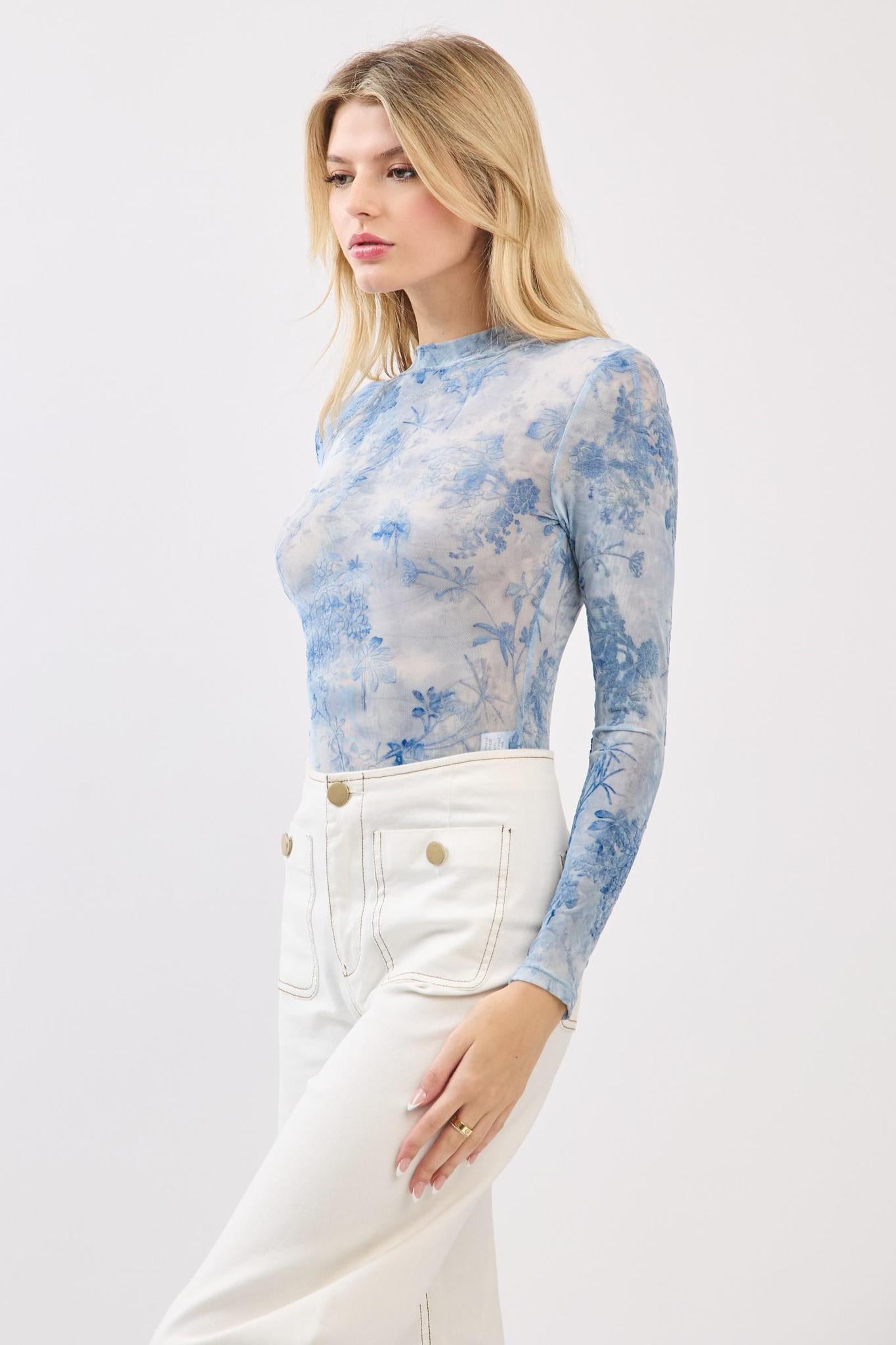 Blue Flocking Long Sleeve Bodysuit