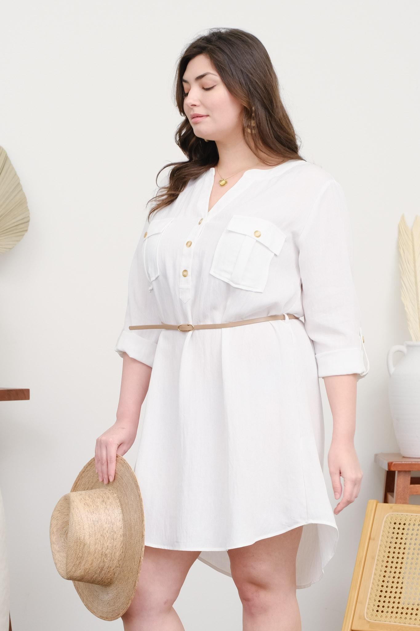 PLUS 3/4 Sleeve Belted Mini Dress
