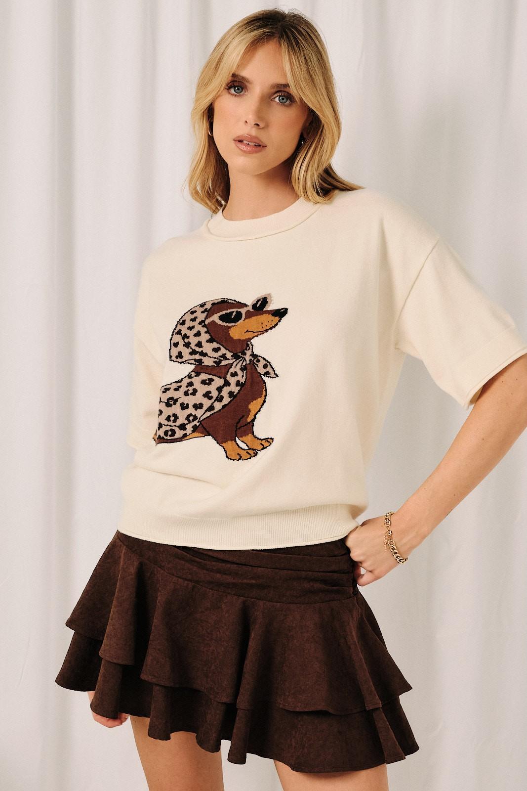 Round Neck Dachshund Graphic Short Sleeve Sweater Top