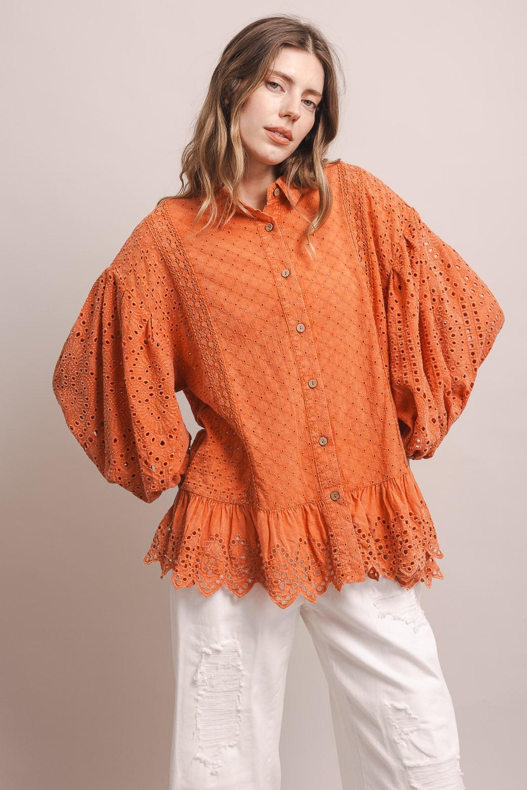 Coral 3/4 Sleeve Balloon Sleeve Eyelet Ruffle Blouse