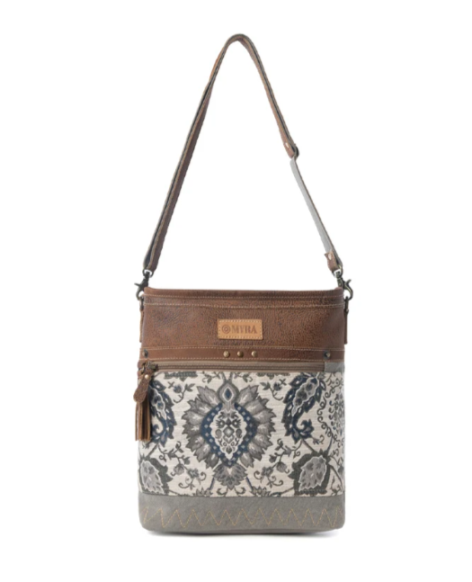 Sagebrook Jacquard upcycled canvas Bag for Women in sage with leather detail