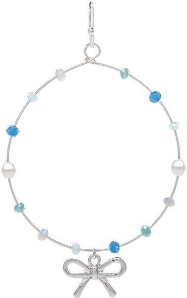 Silver Blue Bead Bow Charm Circle Earring