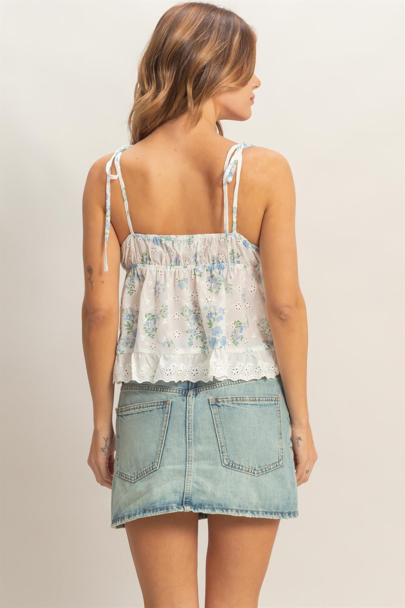 Floral Lace Trim Camisole - Blue