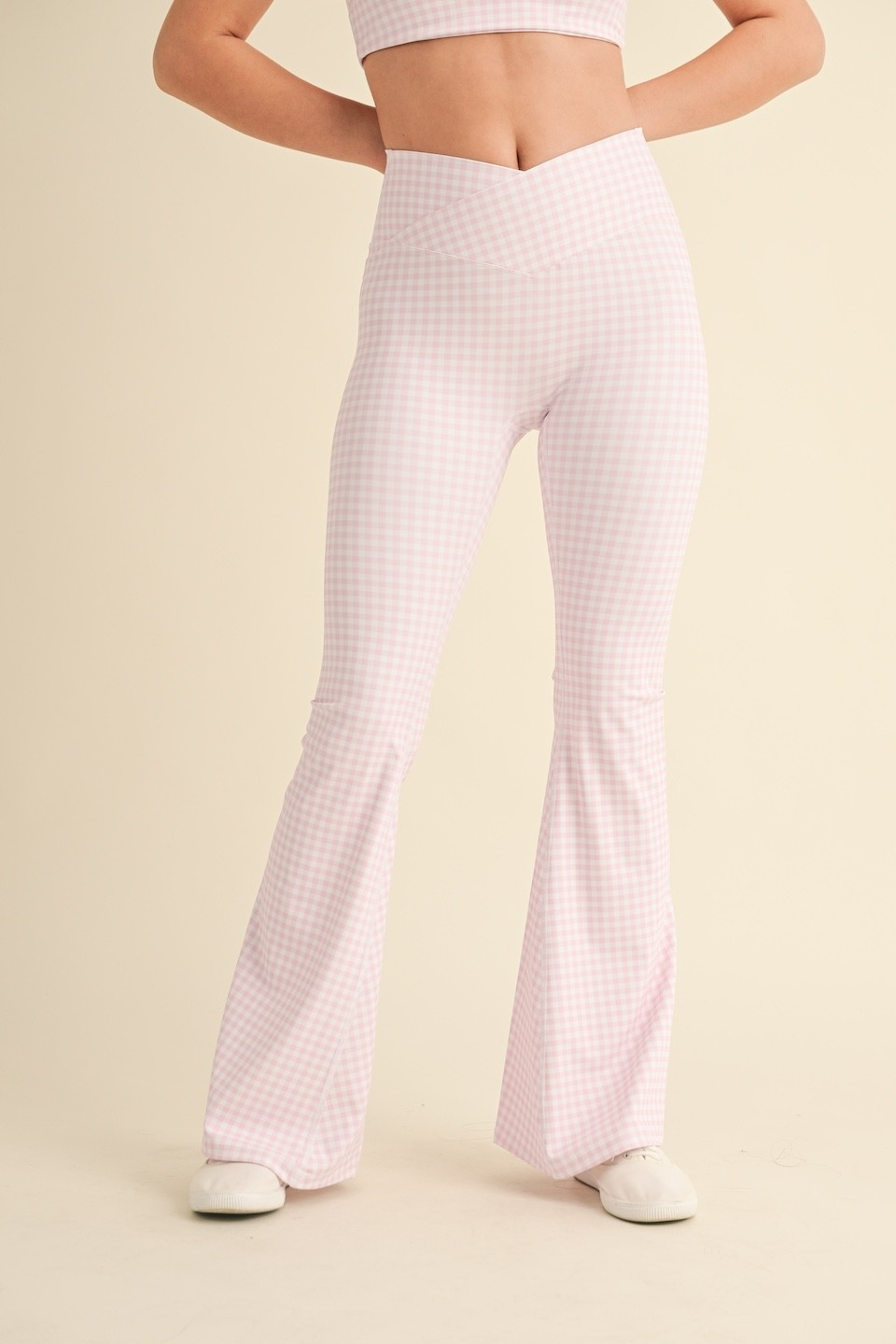 pink gingham high waist crossover flare legging