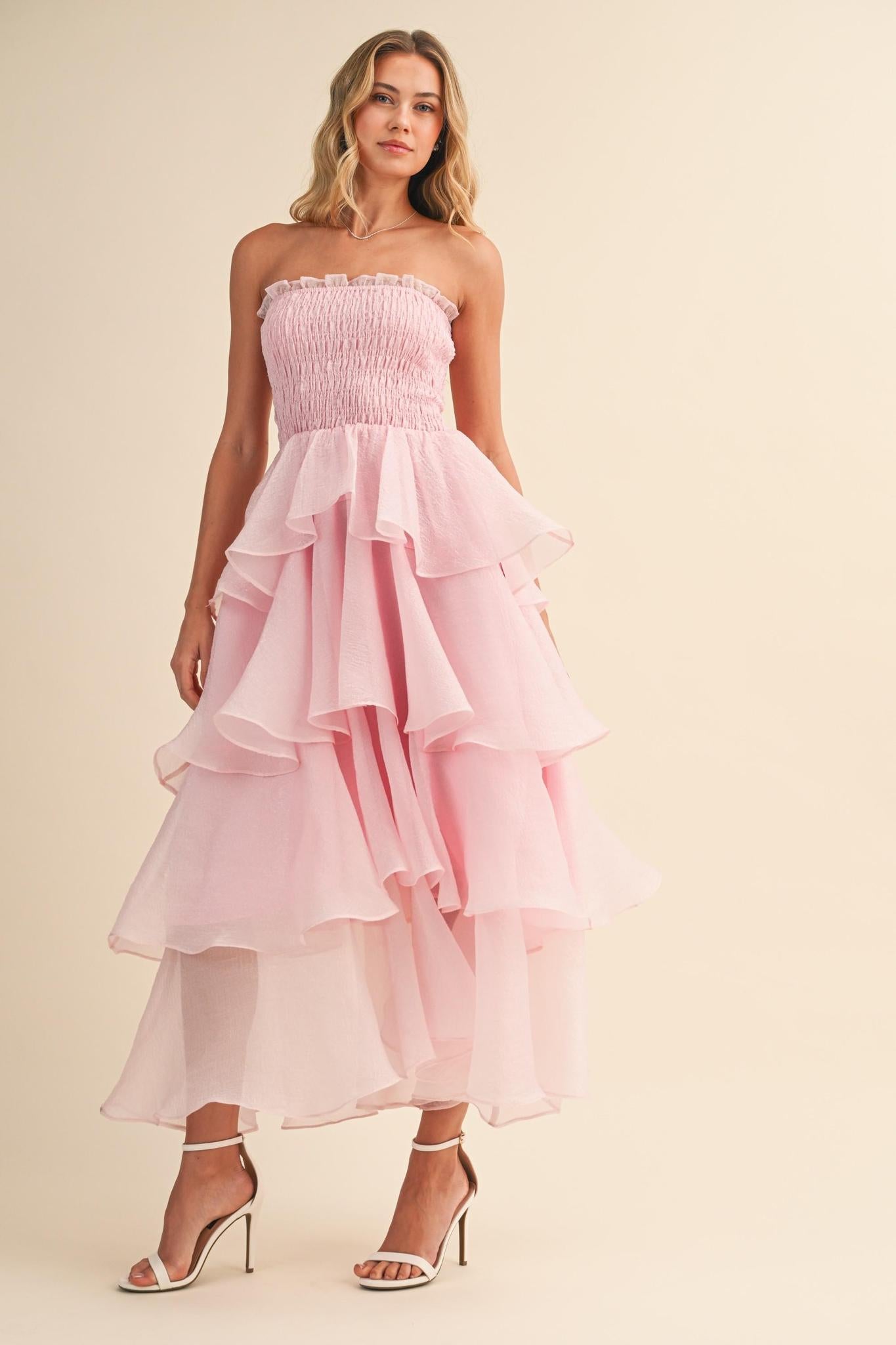 Strapless Tiered Ruffled Layered Maxi Dress