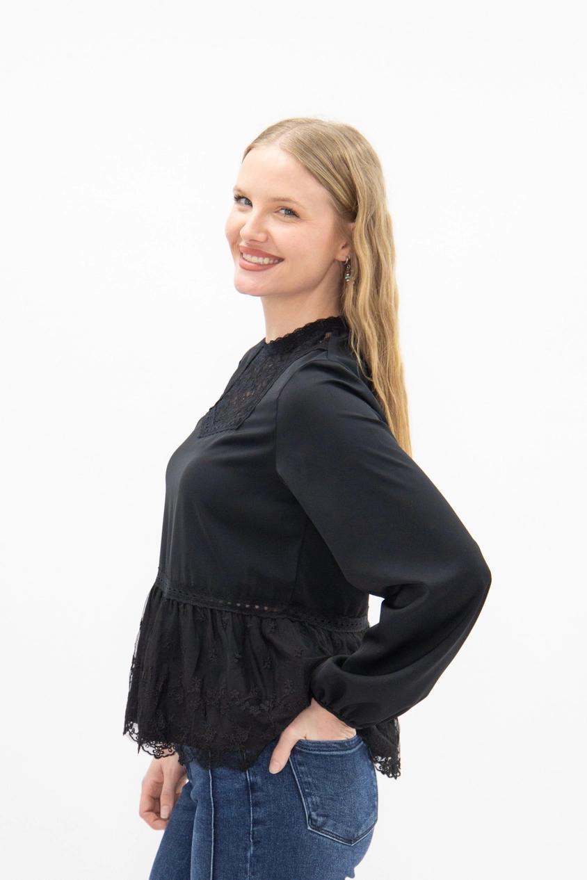Black High Neck Blouse with Lace Peplum
