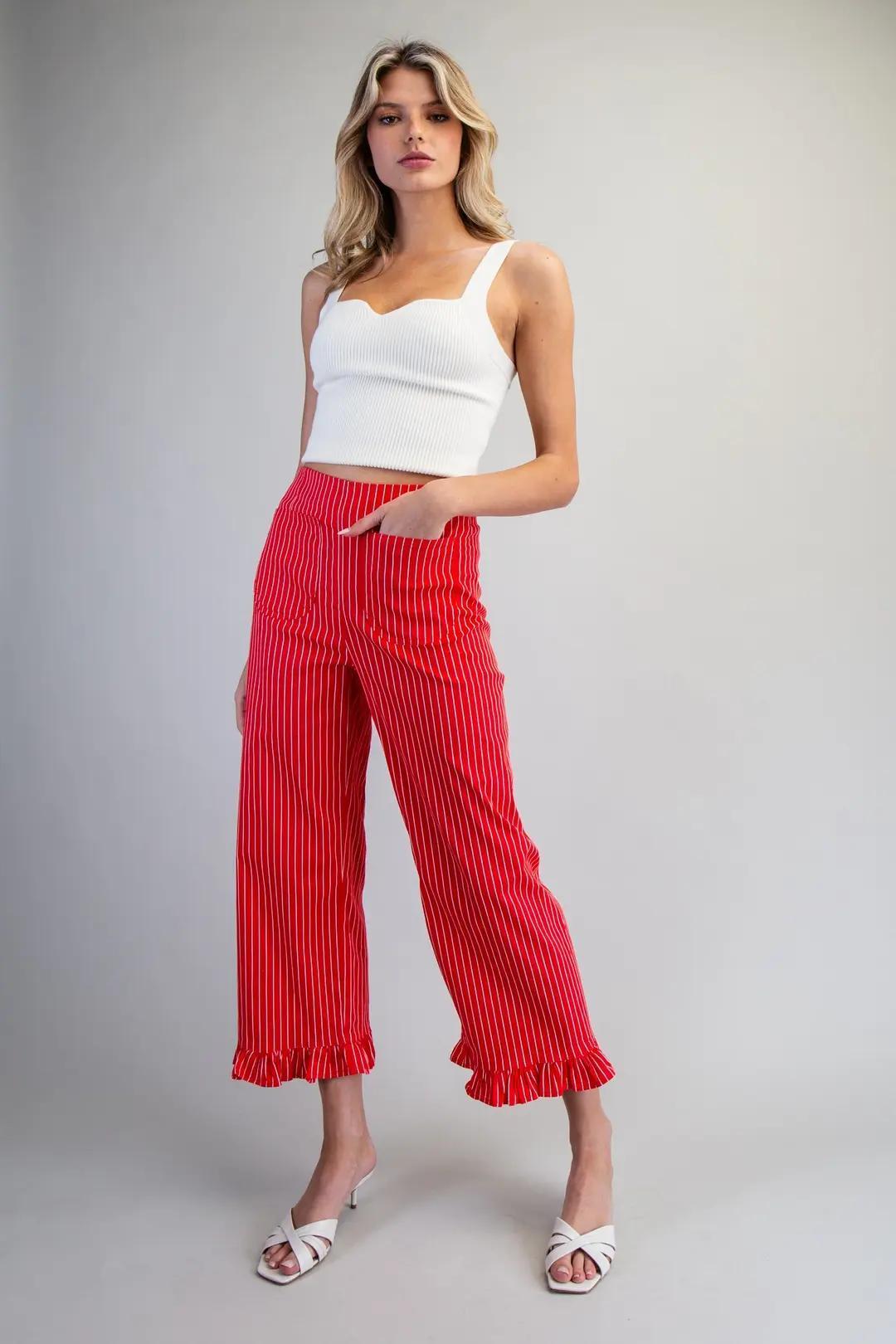 Cherry Red Straight Leg Striped Ruffled Pants