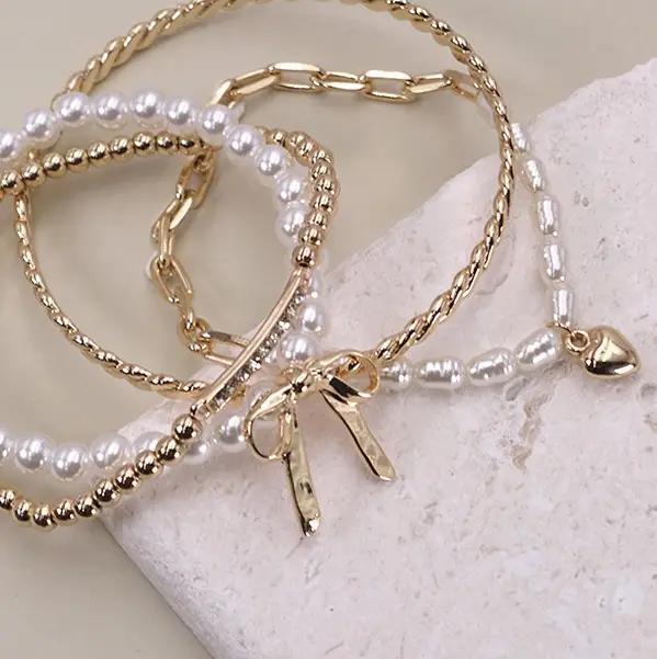Bow Pearl Rhinestone Bar Stretch Bangle Set