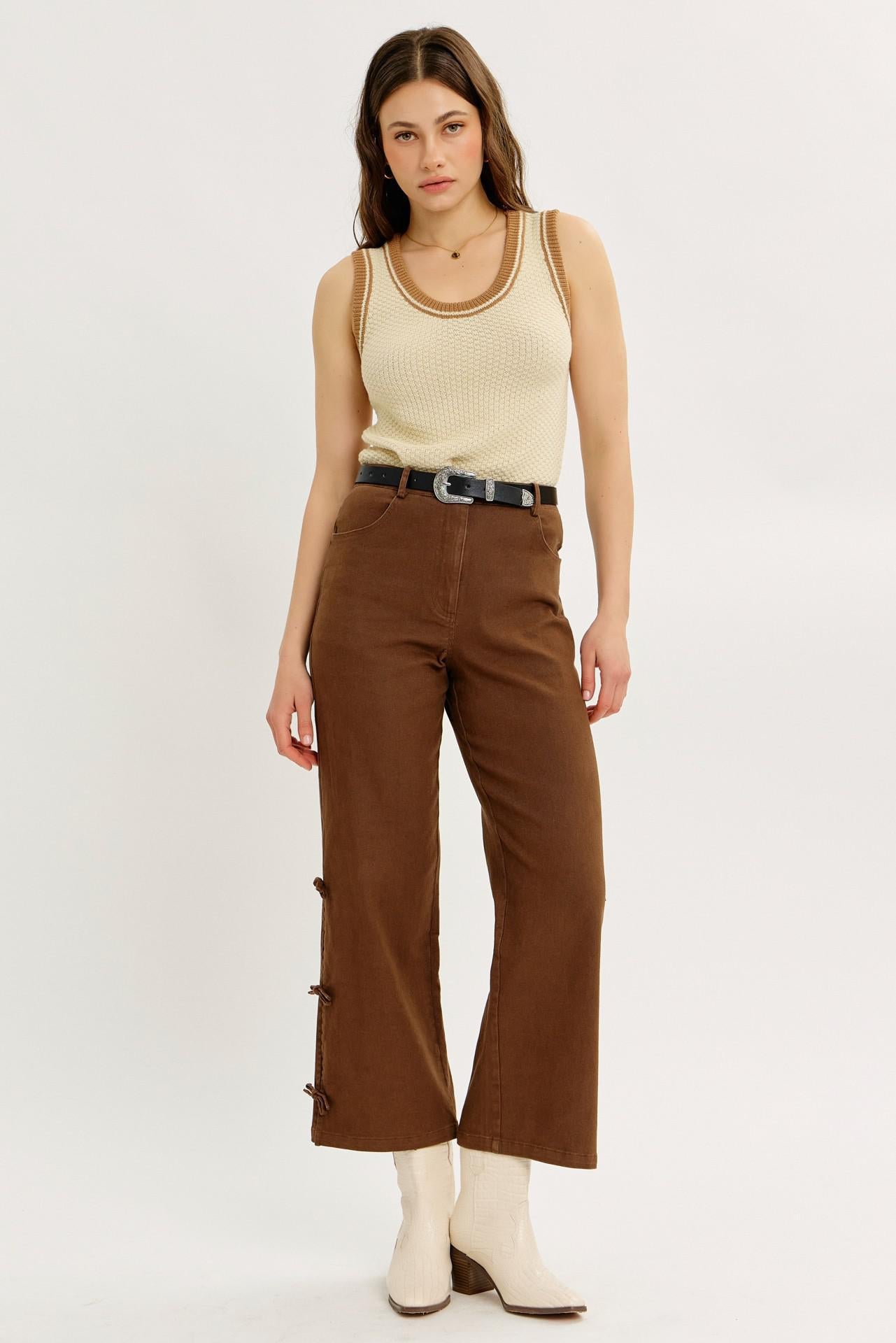 Garment Washed Side Bow Detail Western Pants