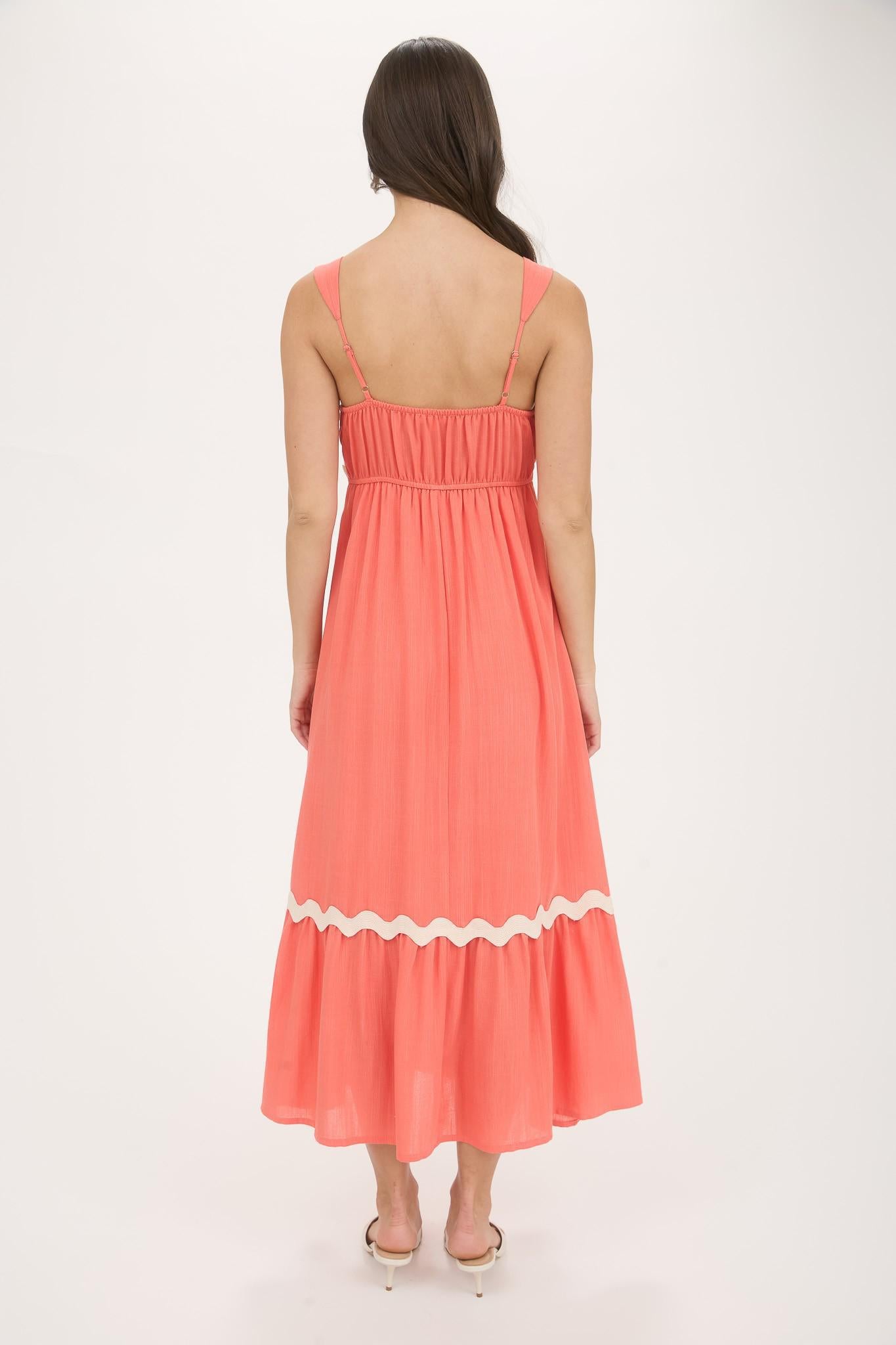 Wavy Coral Empire Waist Midi Dress