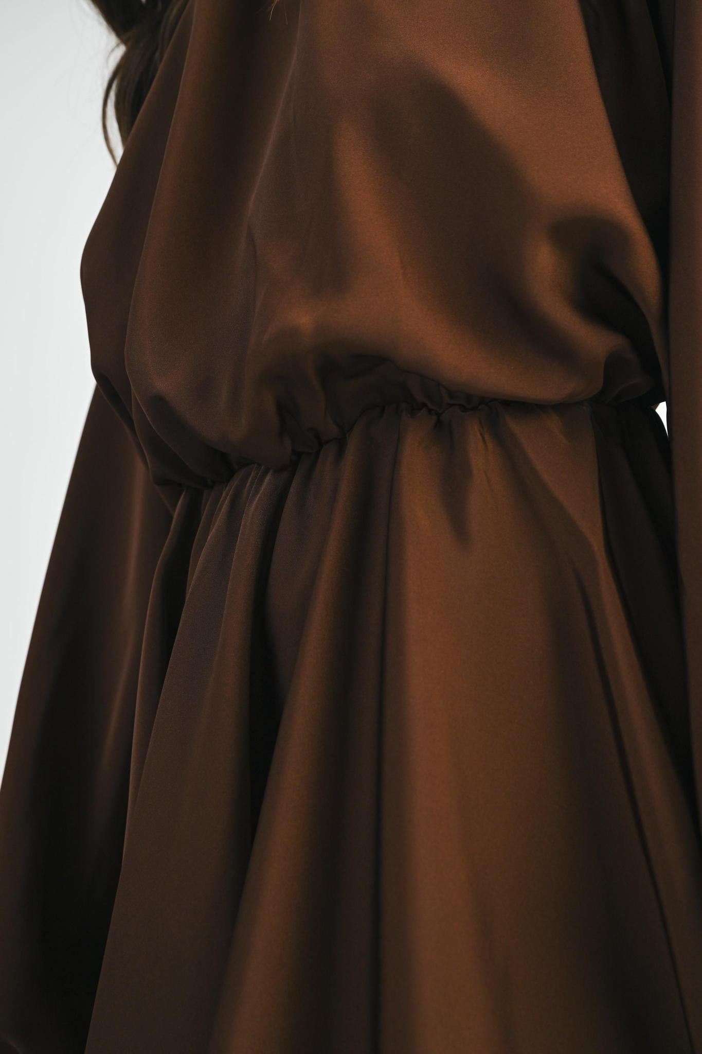Chocolate Satin Balloon Long Sleeve Mini Dress