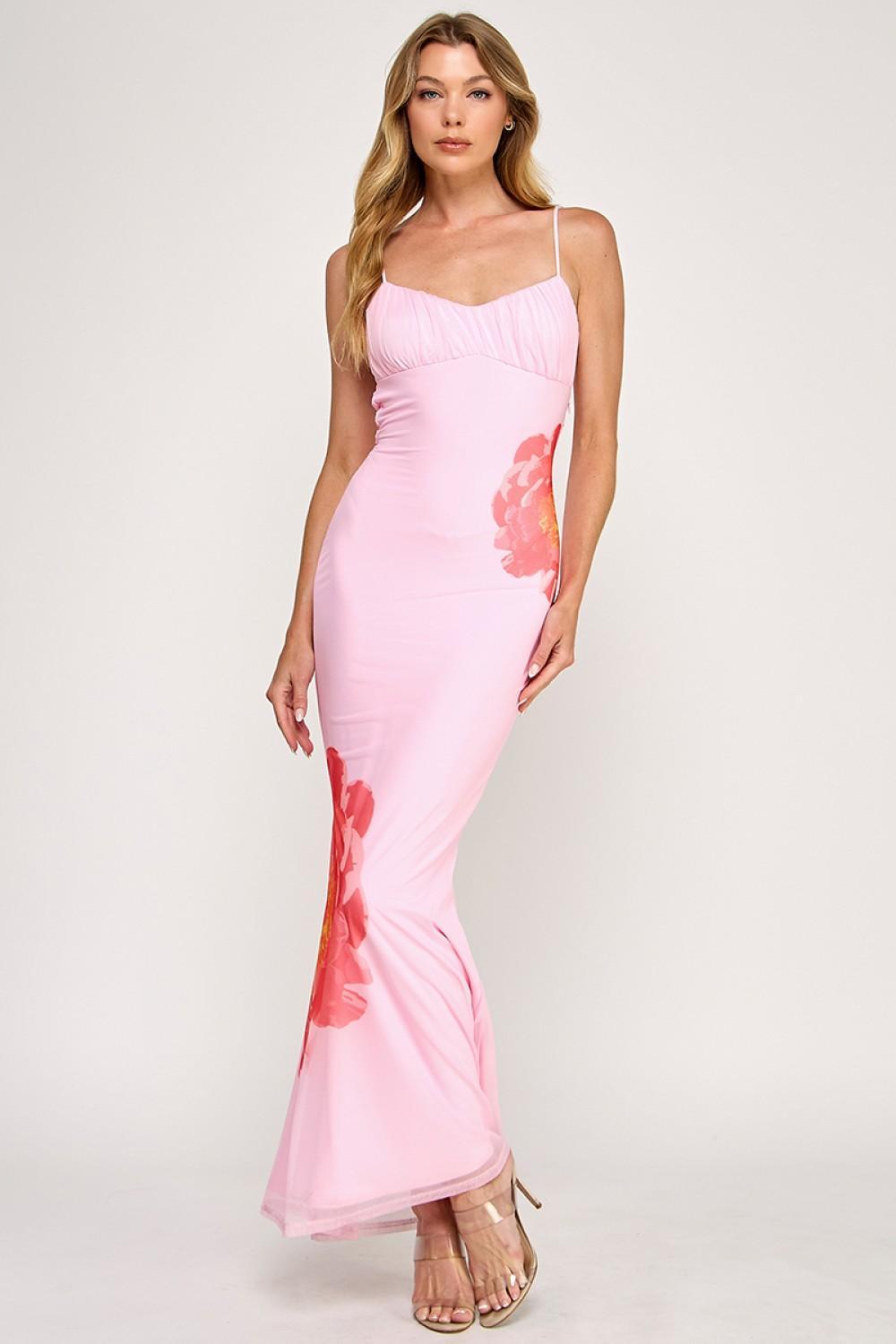 Pink Mesh Big Flower Maxi Dress