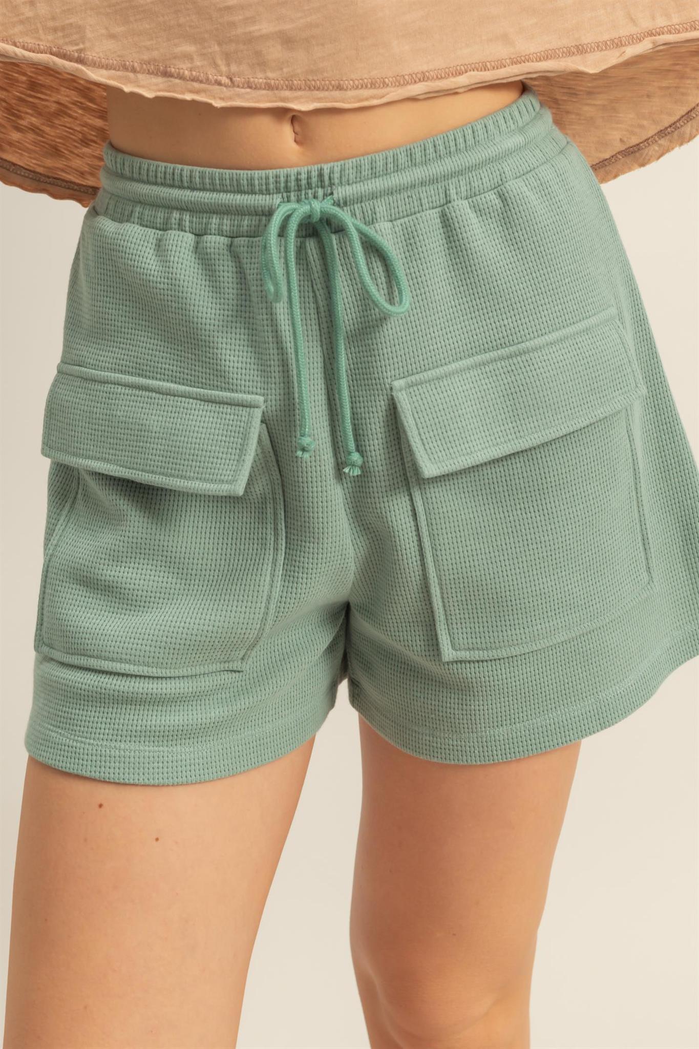 Sage Green Waffle Knit Front Pocket Shorts