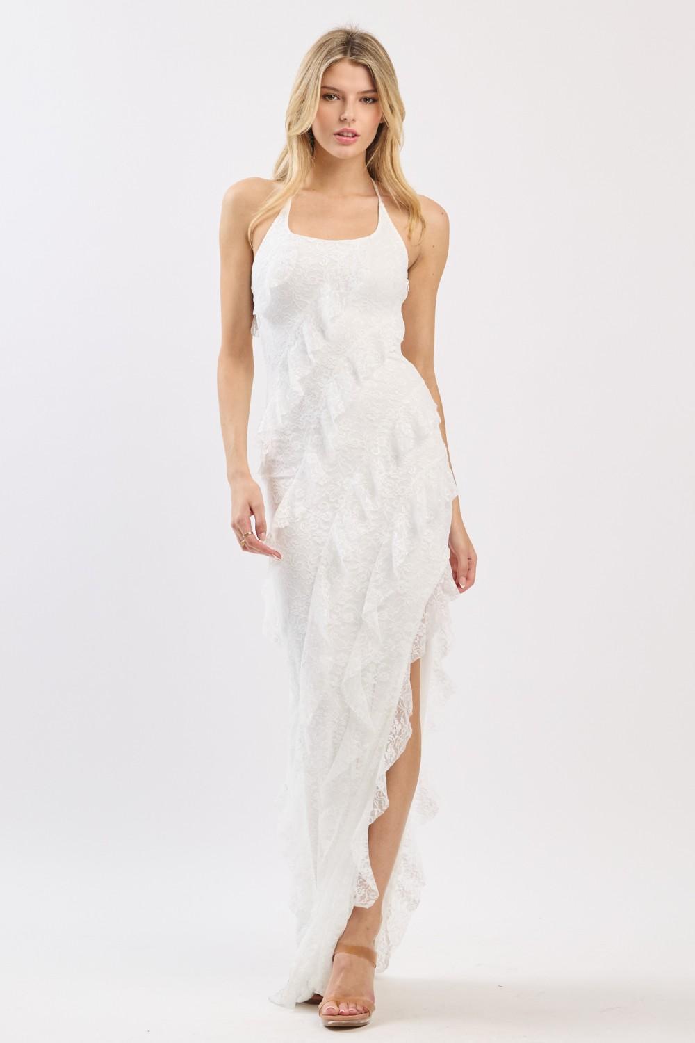White Lace Halter Neck Ruffle Maxi Dress