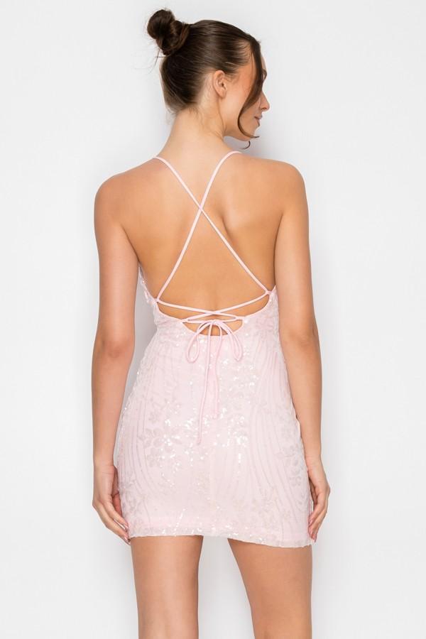 Pink Floral Sequin Iri V-neck Mini Dress