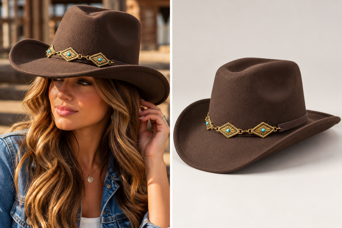 Faux Felt Pinch Crown Cowboy with Gold Concho Band