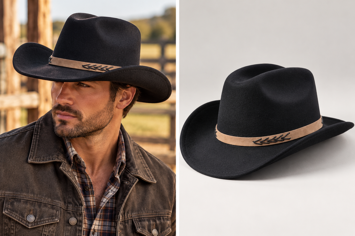 Shadow - Faux Felt Pinch Crown Cowboy with Faux Leather Chevron Band