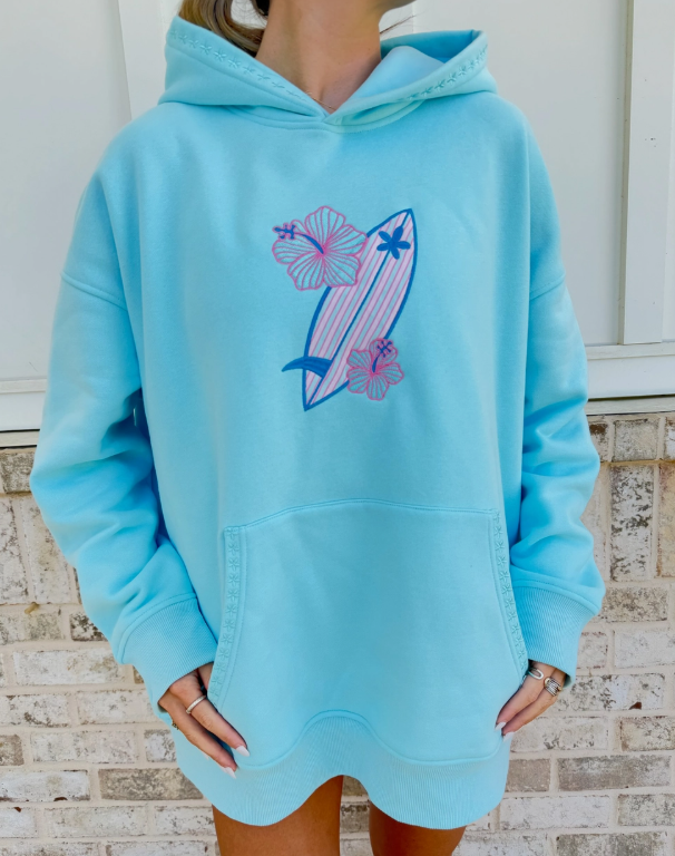 Lagoon Aqua Surfboard Hibiscus Hoodie