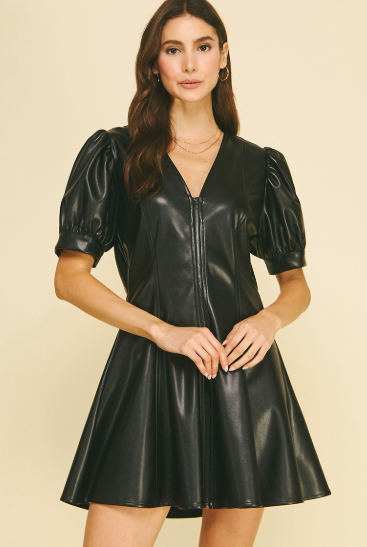Faux Leather V-neck Mini Dress
