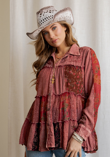 Vintage-style Distressed Knit Jhabla Top in Garnet