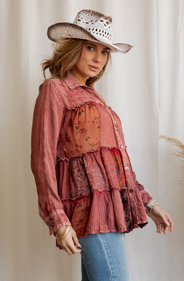 Vintage-style Distressed Knit Jhabla Top in Garnet
