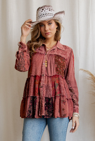 Vintage-style Distressed Knit Jhabla Top in Garnet