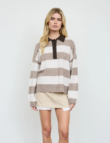 MOCHA MULTI HEATHERED STRIPE POLO COLLAR LONG SLEEVE SWEATER