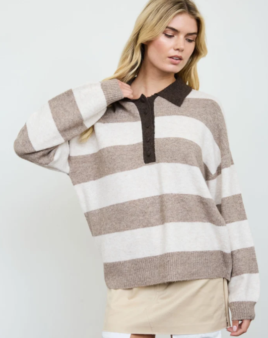MOCHA MULTI HEATHERED STRIPE POLO COLLAR LONG SLEEVE SWEATER