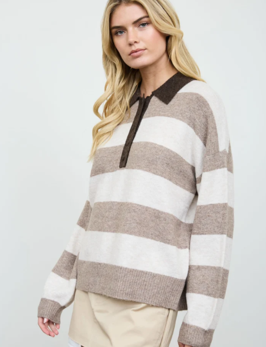 MOCHA MULTI HEATHERED STRIPE POLO COLLAR LONG SLEEVE SWEATER
