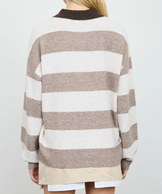 MOCHA MULTI HEATHERED STRIPE POLO COLLAR LONG SLEEVE SWEATER
